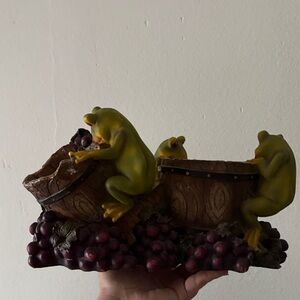 Frog Trio on Grape Barrel Decorative Figurine - Green